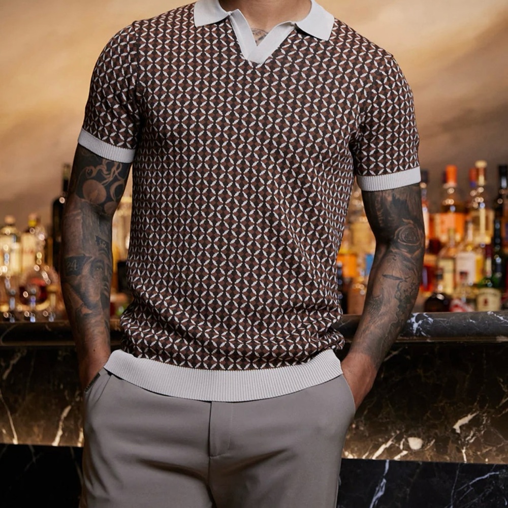 Brown and White Polo with Geometric Pattern
